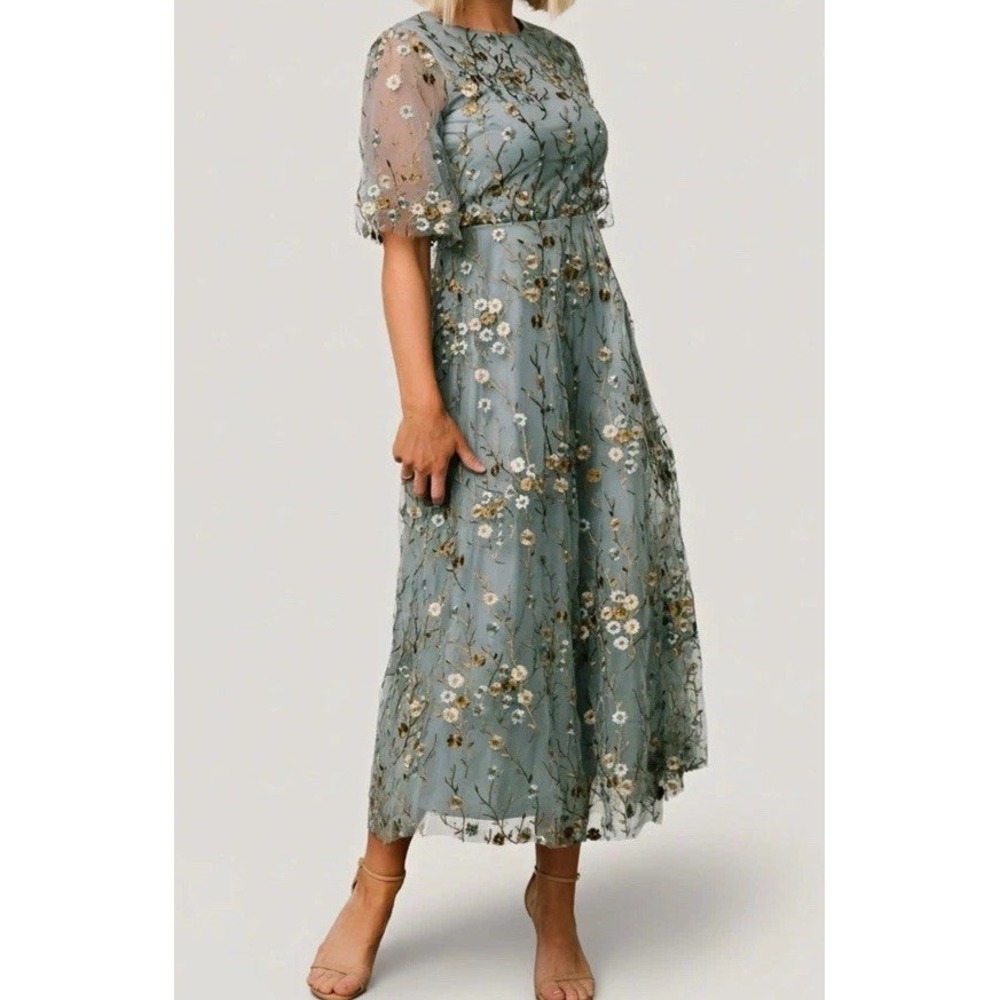 Baltic Born Dusty Blue Floral Embroidered Tulle Mesh Maxi Dress Short Sleeve L